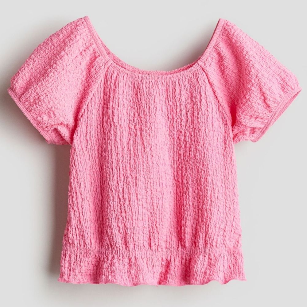 H&M Girls Puff-Sleeve Crinkle Textured Pink Shirt Top Blouse Size 8-10
